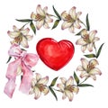 Lily flowers wreath , heart, bow watercolor Royalty Free Stock Photo