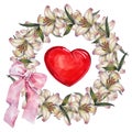 Lily flowers wreath , heart, bow, watercolor Royalty Free Stock Photo
