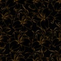 Lily gold flower outline seamless pattern on black background