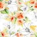 Lily graphic flowers with bouquet flowers of watercolor. Seamless pattern. White version.