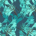 Lily graphic flowers. Monochrome seamless pattern. Blue version.