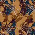 Lily graphic flowers. Monochrome seamless pattern. Ochre version.