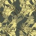 Lily graphic flowers. Monochrome seamless pattern. Yellow version.