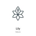 Lily outline vector icon. Thin line black lily icon, flat vector simple element illustration from editable nature concept isolated Royalty Free Stock Photo