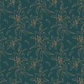 Lily pattern, Modern floral pattern, Elegant golden lilies on a dark green background, drawn in a thin line. Vector Royalty Free Stock Photo