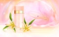 Lily perfume cosmetics vector illustration, realistic aroma perfume spray bottle and natural lily flowers, skincare