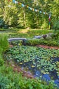 Lily pond in Tibetan Mongolian Buddhist temple with prayer flags and walking bridge to small island Royalty Free Stock Photo