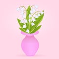 Lily of the valley, bouquet of delicate spring flowers in pink vase, vector illustration. White buds forest flowers bluebell,