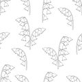 Lily of the valley floral seamless pattern, black and white drawing, coloring, vector illustration. Outline buds flowers bluebells