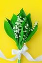 Lily of the valley flower bouquet & white bowknot on yellow background closeup, beautiful may lilies bunch & green leaves, ribbon Royalty Free Stock Photo