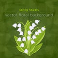 Lily of the valley, spring bouquet of delicate flower, vector illustration. White buds forest flowers bluebells, stalks and leaves