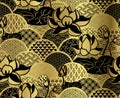 Lily water lotus vector japanese chinese seamless pattern design gold black