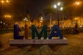 Lima lettering at Plaza De Amaz in Lima at night Royalty Free Stock Photo