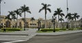 Lima Main Square with historic yellow buildings, palm trees and fountain. Lima, Peru, October 3, 2023.