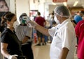 Lima, Peru - April 30 2020: Supermarket worker checking temperature of customer