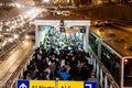 LIMA, PERU - JUNE 4, 2015: Crowd at Metropolitano rapid transport bus system station on Paseo de la Republica roa