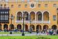 LIMA, PERU - JUNE 4, 2015: Yellow colonial house at Plaza de Armas square in Lima, Pe Royalty Free Stock Photo