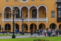 LIMA, PERU - JUNE 4, 2015: Yellow colonial house at Plaza de Armas square in Lima, Pe Royalty Free Stock Photo