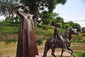 LIMA- View of the statue of Chabuca Granda and chalan with a paso horse, with Barranco in Lima, Peru