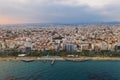 Limassol aerial view, Cyprus. Promenade or embankment with alley, palms and buildings. Drone photography. Beautiful