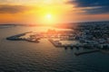 Limassol, Cyprus, aerial view of sunset above yachts and boats port in famous mediterranean city resort Royalty Free Stock Photo