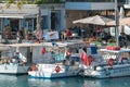 Limassol, Cyprus - January 06, 2023: View of Limassol Old Port with cafes, restaurants and moored fishing boats Royalty Free Stock Photo