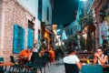 Limassol, Cyprus - September 14, 2019: People at the street cafe at night