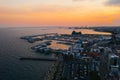 Limassol promenade at sunset, Cyprus. Aerial panoramic view of evening Limassol from above, drone photo. Mediterranean