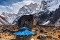 Limbu Kirati sacred mountain Phaktanglung and temple seen from Jannu Base Camp in Himalaya, Nepal