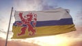 Limburg flag, Netherlands, waving in the wind, sky and sun background