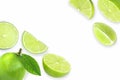 Closeup fresh whole Lime fruits with green leaf and slice isolated on white background. Royalty Free Stock Photo