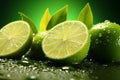 Lime Brilliance Slice of lime with water drop on green background Royalty Free Stock Photo