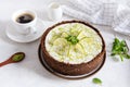 Lime cheesecake with peppermint. Cheesecake with cup of coffee on white background. Top view, copy space Royalty Free Stock Photo