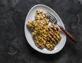 Lime, cilantro, garlic, mustard, olive oil marinated grilled chicken breast on a dark background, top view Royalty Free Stock Photo