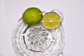 Lime citrus, whole and cut on glass juicer