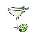 Lime Cocktail in glass. Hand drawn flat style. Cartoon vector illustration. Isolated on white background.
