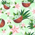 Lime in Coconut with Pink Plumeria Flowers Tropical Summer Seamless Repeat Pattern Vector Art
