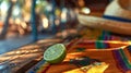 A lime on a colorful Mexican textile with a sombrero. Royalty Free Stock Photo