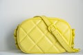 Lime cross body bag. Ladies bright-colored handbag on gray background. Yellow bag