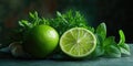 Lime is cut in half and placed on a table with other herbs Royalty Free Stock Photo
