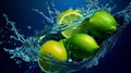 Lime dropped on the blue water surface with lime slice and water splash. Generative AI Royalty Free Stock Photo