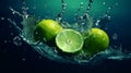 Lime dropped on the blue water surface with lime slice and water splash. Generative AI Royalty Free Stock Photo