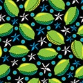 Lime and Flowers-Fruit Delight seamless Repeat Pattern illustration.Background in green, blue, yellow, black and white