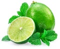 Lime fruit and lime slice with mint leaves isolated on white background Royalty Free Stock Photo