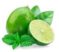 Lime fruit and lime slice with mint leaves isolated on white background Royalty Free Stock Photo