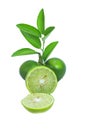 Lime fruits with green leaf and cut in half slice Isolated with clipping path on a white background. Side view Royalty Free Stock Photo