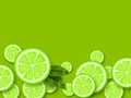 Lime green background. Sliced limes peaÃÂes Royalty Free Stock Photo