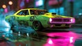 A lime green car with neon pink flames and a neon yellow skull on the hood revving its engine at the starting line