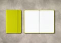 Lime green closed and open lined notebooks on concrete background