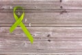 Lime green ribbon. Mental health awareness month concept mental health letters on old aged wooden background with Royalty Free Stock Photo